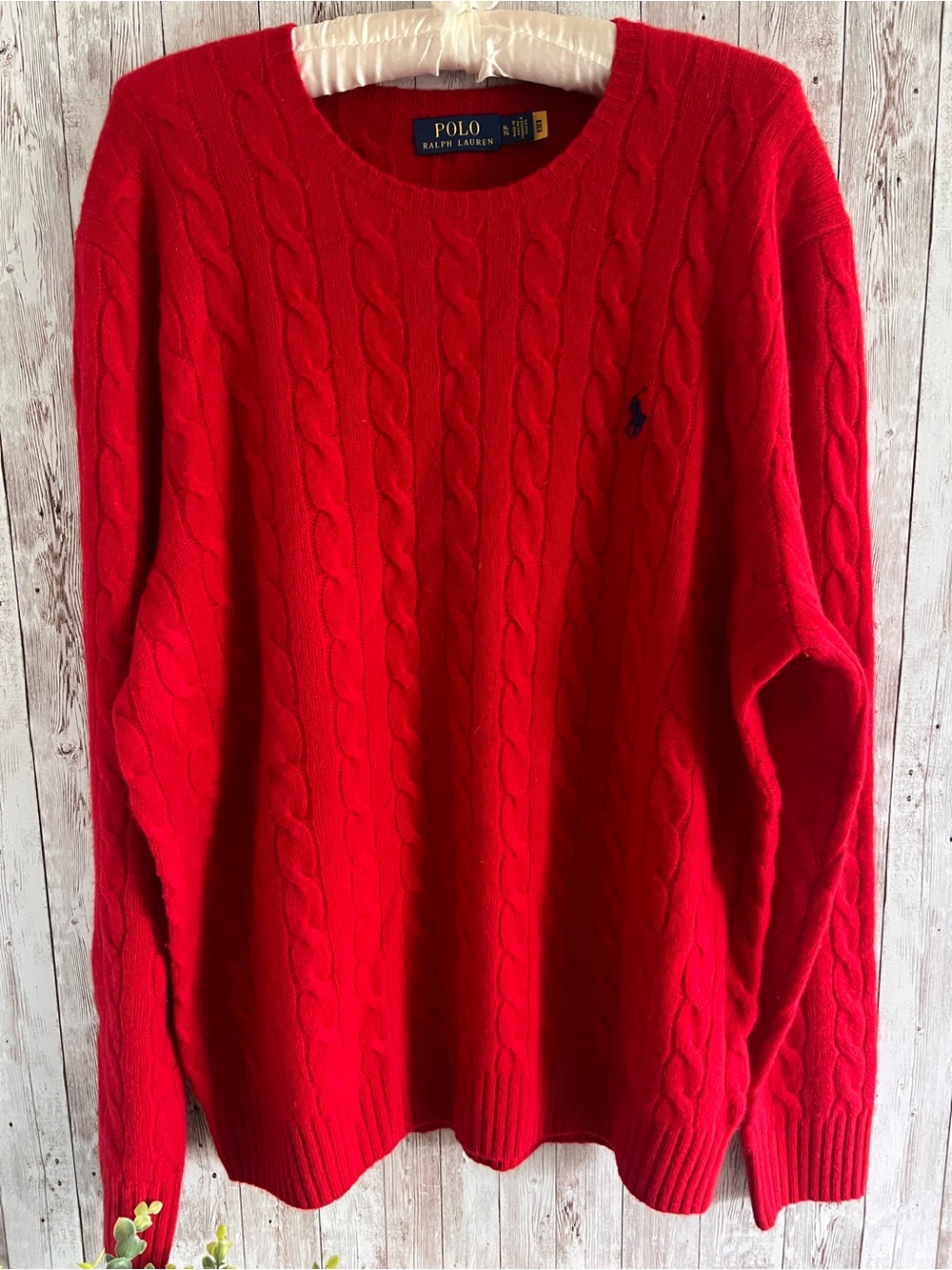 Polo by Ralph Lauren Red Cable-Knit Crewneck Sweater Wool Cashmere Preppy XL